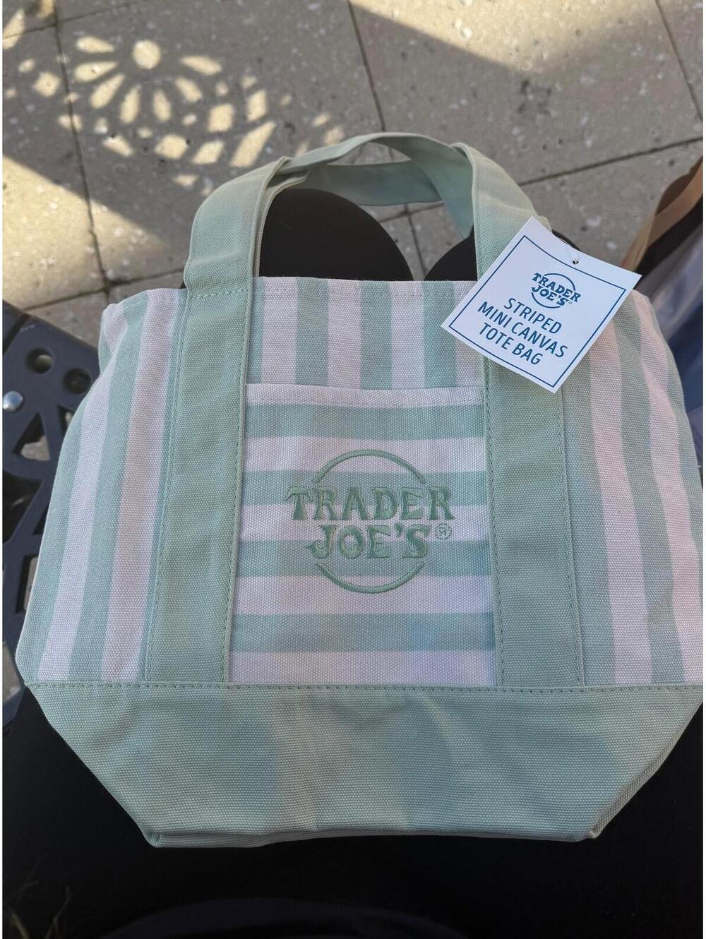 Green Trader Joe’s Mini Pastel Stripe Canvas Tote Bag